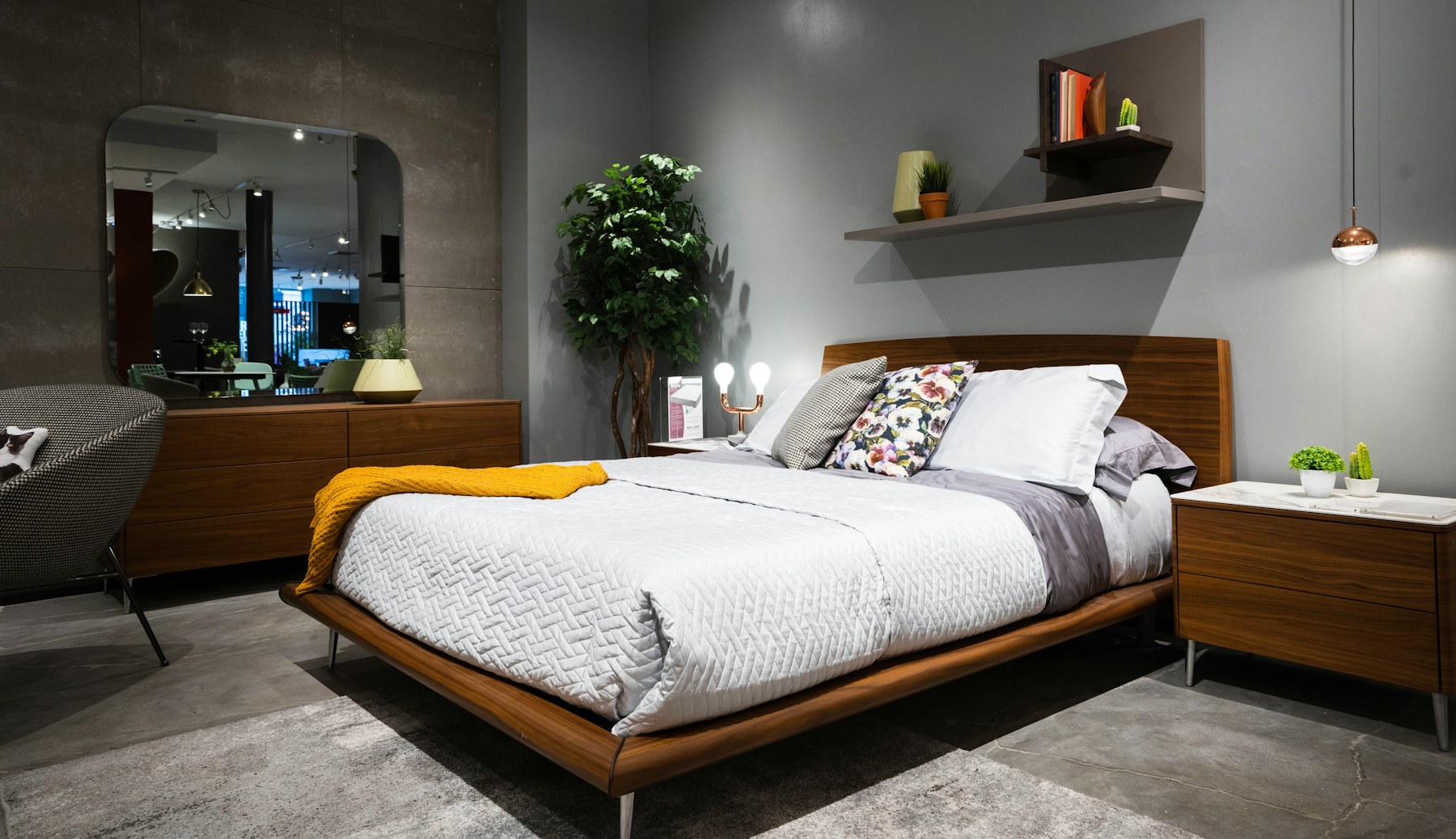 Bedroom with warm wood furniture