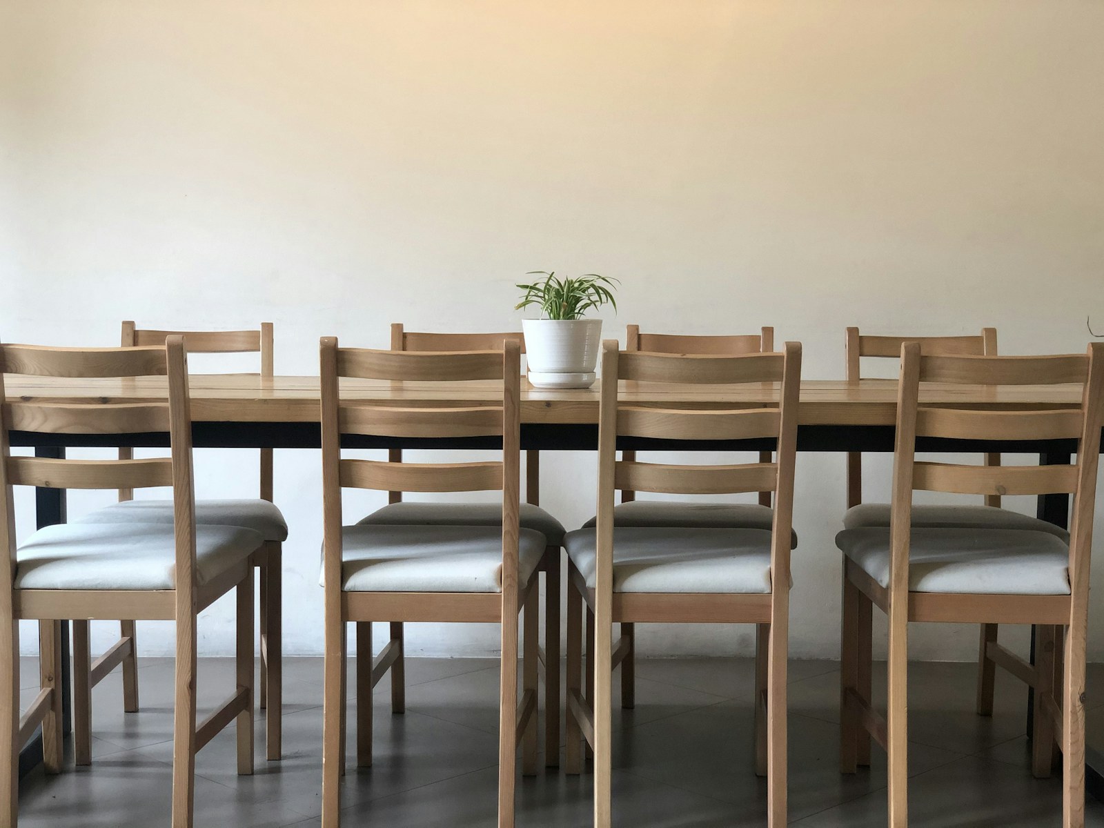 Solid wood dining table in a warm room